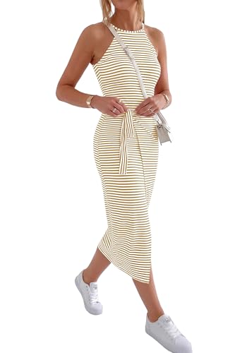 Image of NOLLSOM Women Casual Sleeveless Striped Tank Midi Dresses Halter Neck Ruched Bodycon Dresses Tie Waist T Shirt Summer Dress