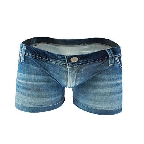 Men Big Pouch Ice Silk 3D Denim Printed Shorts Fake Jean Underwear Boxer Stretch Briefs Cow Boy Underpants Trunks