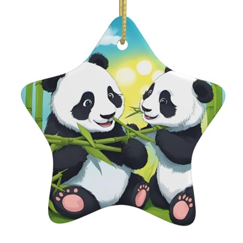Adornos de cerámica con elegantes estampados de dos pandas felices, adecuados para el hogar y la tienda de decoraciones navideñas