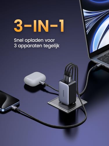 UGREEN Nexode USB C-Charger 65W GaN-Oplader met 3x USB-C-poort snellader compacte Lader compatibel met MacBook Pro/Air, HP Laptop, iPad Pro, iPhone 16-8 serie, Galaxy S24 - Afbeelding 5