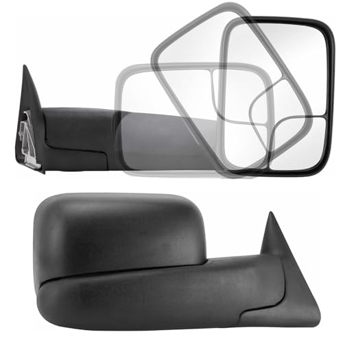 Towing Mirrors Driver Passenger Side for 1994-1997 Dodge Ram 1500 2500 3500 with Power Glass, Tow Mirrors with Power Adjustable, Manual Telescopic Folding, Left and Right Side Mirrors Black
