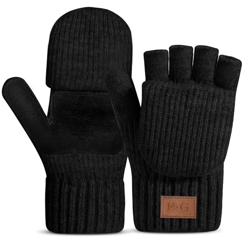 FlexiGlide Winter Thermal Fingerless Gloves Mittens, Knitted Convertible Mittens Flap, Warm Gloves for Women and Men, Black