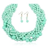RIAH FASHION Braided Chunky Cluster Bead Bubble Statement Necklace - Multi Strand Twisted Colorful Twisted Bib Collar Acrylic, Sparkly Crystal (Twisted Bauble - Turquoise Mint)