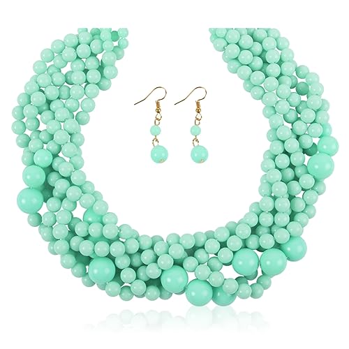 RIAH FASHION Braided Chunky Cluster Bead Bubble Statement Necklace - Multi Strand Twisted Colorful Twisted Bib Collar Acrylic, Sparkly Crystal (Twisted Bauble - Turquoise Mint)