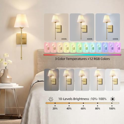 Image of Rechargeable Battery Operated Wall Sconces Set of 2, Gold Wireless Fabric Shade Wall Sconce with Remote Control, Dimmable RGB Color Changing Wall Lamp for Bedroom Living Room Hallway, 20.47 inch Tall