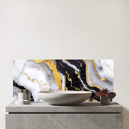 Warren Reed - Designer Premium White Backed With Gold Marble Effect Glass Bathroom Splashback 6mm Toughened Glass – Water-Resistant Wall Protector for Basins& Sinks, Polished Edges