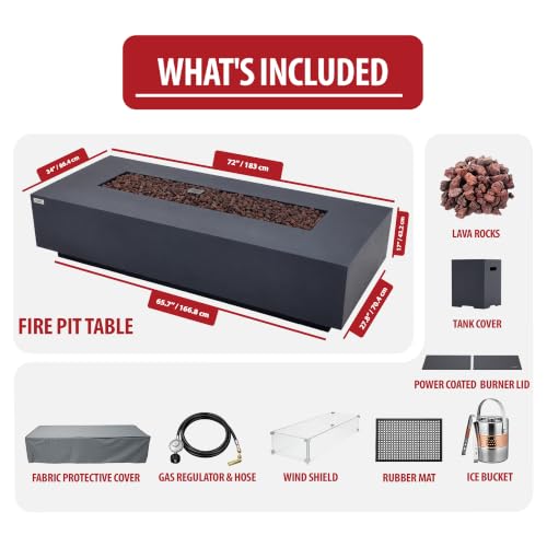 Image of AMS Creations | Savanah 72 inch Bundle Rectangular Cast Concrete Propane Gas Fire Pit Table | Dark Gray | Smooth Texture Surface | Electronic Ignition | Outdoor Patio Heater Outside Backyard Fireplace