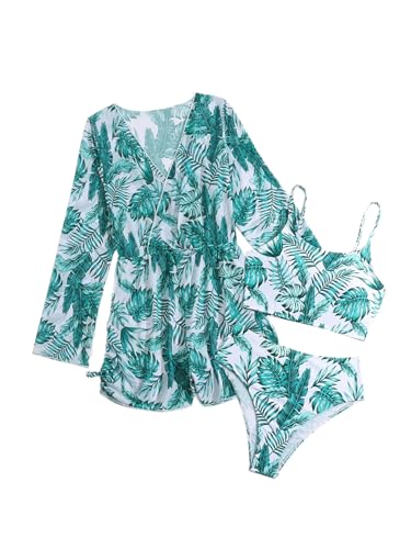 SweatyRocks Girl's Tropical Print Bikini Set Spaghetti Strap 3 Piece Bathing Suit with Cover Ups Swimsuit