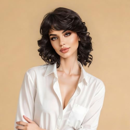 Phloxyn Short Wavy Dark Brown Wig with Bangs Pixie BoB
