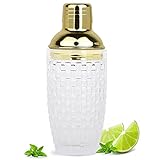 E-Buying Glass Cocktail Shaker, Clear Gold Martini Mocktail Making Set with with Leakproof Metallic Steel Lid and Strainer&Gift Box, for Cocktail Lovers(385ML)