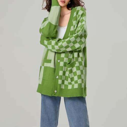 Womens Open Front Long Sleeve Chunky Knit Cardigan Sweater Color Block Checkered Knit Cardigan Sweaters Coat4