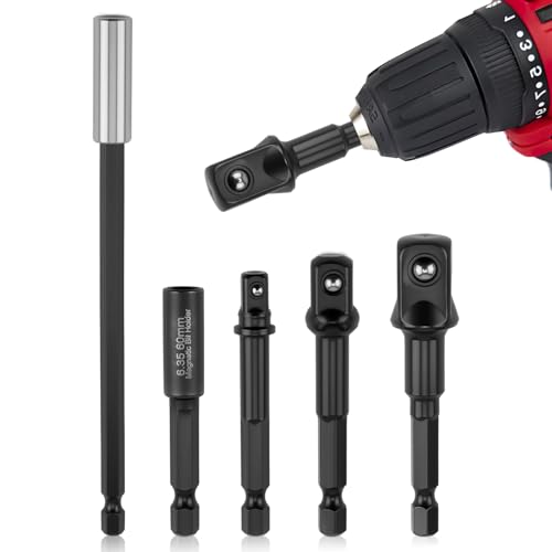 5PCS Impact Socket Adapter Set, 1/4” 1/2” 3/8” Impact Driver Socket Adapter with 60mm/150mm Magnetic Extensions 1/4 Hex Shank for Drills Screwdrivers Power Hand DIY Tool