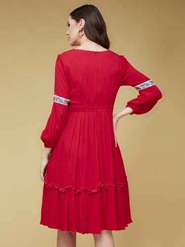 Image of Life with Pockets Women's Square Neck Bishop Sleeves Viscose Rayon Solid Gathered Midi Dress