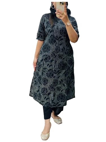 Image of ANNI Designer Kurta Sets for Women Viscose Blend Printed | Kurti Set for Woman | Kurta Palazzo Set | A Line Kurti | Mandarin Collar Elbow Sleeve Suit Set for Women Stylish Ethnic Outfit Clothing