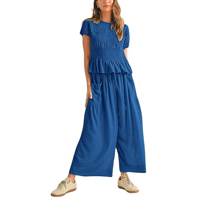 Conjunto de dos piezas para mujer con top de nido de abeja y pantalón holgado 2