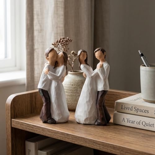 Image of Xtore Hand-Painted Small Size Romantic Couple Statues | Beautiful Resin Home Decor (Pack of 2, White and Brown Color)