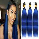 Ombre Bundles Blue Straight Human Hair 1B/Blue Straight Bundles Ombre Two Tone Black and Blue Bundles Weave Double Weft Brazilian Hair Wet and Wavy Bundles Silky Soft for Black Women 24 26 28 inch