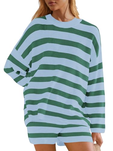 Image of Panadila Womens Striped Sweater Set Oversized Lounge Sets Matching Pajamas Long Sleeve Sweater Top and Shorts