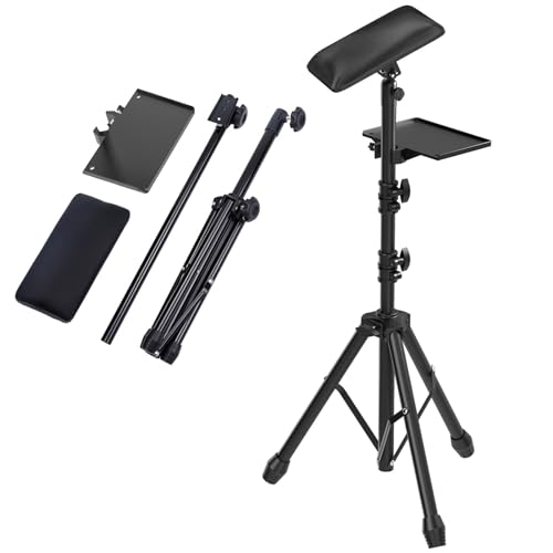 Kweetle Tattoo Armrest Stand Tripod with Tray Foldable Tattoo Arm Leg Rest Stand Adjustable Height and Tilt Black Leather Pad for Tattoo Studio(Black)