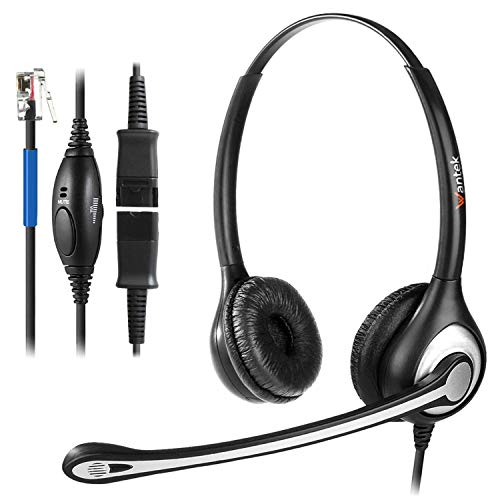 Auriculares Teléfono Fijo RJ9 Binaural, Micrófono con Cancelación de Ruido, Quick Disconnect, WANTEK Cascos con Control de Volumen para Cisco 7942 7945 o Amplificadores Plantronics M10 M12(602QC1)