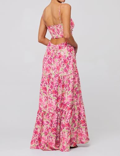 Image of Womens Vintage Floral Long Dress Y2k Spaghetti Strap Tie Back Hollow Out Maxi Dress Summer Beach Party Sundress