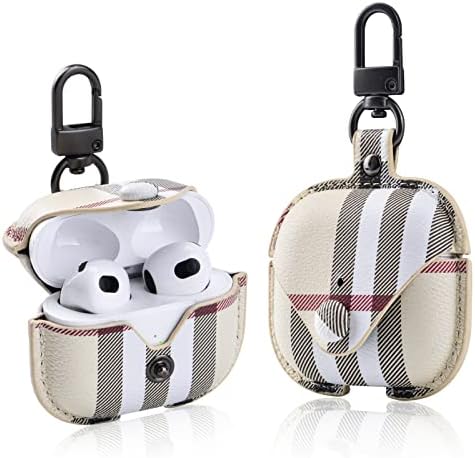 Pujuyeka Leather Luxury Case for AirPods 3rd Generation 2021 with Keychain,Designer Plaid Cute Airpod Charging Case Cover Aesthetic Lockable Protective Air Pod Skin Cover (AirPod 3rd Gen 2021 Beige)