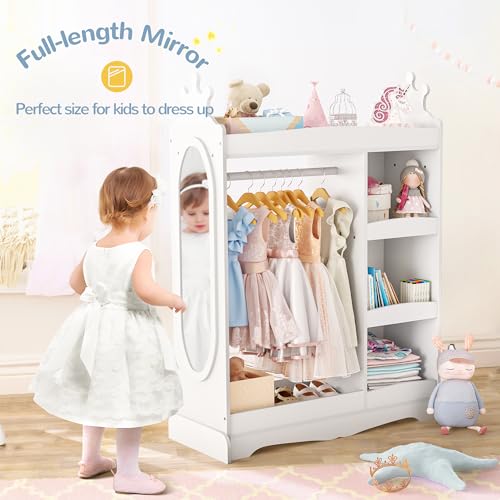 Curipeer Kids Dress up Storage with Mirror, Kids Wardrobe with 3 Hooks, Kids Closet for Girls Boys, Open Hanging Armoire Costume Organizer for Bedroom, Preschool, Classroom, White - Image 4