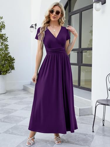 ANRILITA Maxi Dress for Women Wrap V Neck Short Sleeve Empire Pleated Waist Summer Casual Elegant Long Dresses with Pockets2