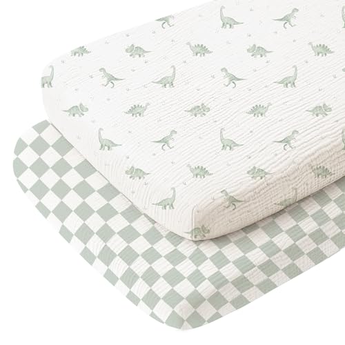 Image of Konssy 2 Pack Muslin Bassinet Sheets for Baby Boy, 100% Cotton Soft Breathable Bassinet Mattress Sheets Fit for Hourglass Oval Cradle Rectangle Mattress (Green Dino,Baby Green Plaid)