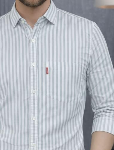 Image of MILDIN Men's Pure Cotton Striped Printed Shirt with Spread Collared Neck Full Sleeve Curved Hemline Button Closure and Regular Fit | Shirt for Man