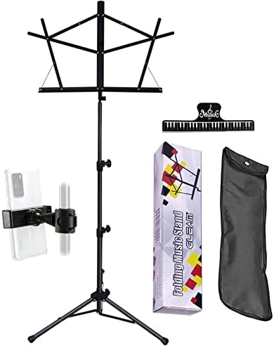GLEAM Folding Music Stand with Phone Clip, Carrying Bag and Music Clip