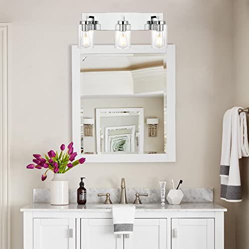 Tuluce Industrial Vanity Lighting 3 Light Chrome Wall Sconce Farmhouse Bathroom Light With Clear Ribbed Glass Shade Wall Light For Bedroom Living Room Dining Room Kitchen Table (Exclude Bulb) #TOP1