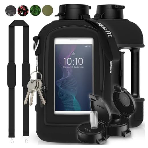 Half Gallon Water Bottle With Sleeve, 64 Oz Water Bottle Sleeve - Half Gallon Water Bottle With Straw, Water Jug With Sleeve, Large Water Bottle, Big Water Bottle, Water Bottles with Straw - Black