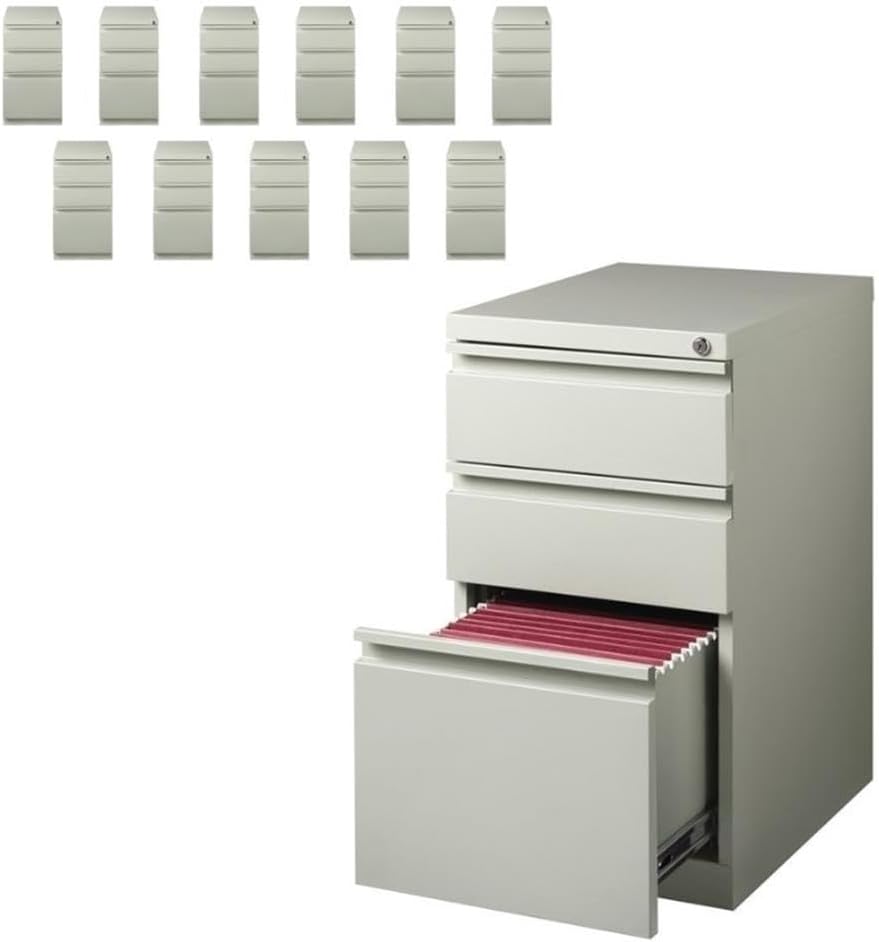 Pemberly Row 20" Deep 3 Drawer Metal Mobile Filing Cabinet, Black, Set of 12, 27.75" H x 15" W x 19.88" D, Commercial Grade Steel Construction, Locking Drawers, Hidden Casters, Home or Office Use