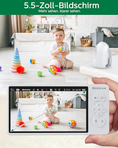Sebikam Niania Wideo/Monitor dla Niemowląt | HD 720P, 5,5 Cala Ekran | Bez Wi-Fi/APP | 4000 mAh, PTZ 355°, VOX, Noktowizor, 2-Kierunkowe Audio