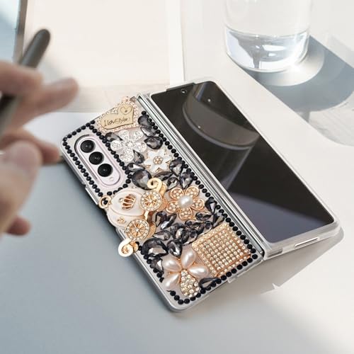 Omio for Galaxy Z Fold 3 5G Case, Luxury 3D Handmade Sparkle Rhinestone Iron Tower Pendant Pumpkin Car Flowers Crystal Diamond Bling Glitter Hard PC Cover for Women Girls, Black by Omio - Used condition - Image 4