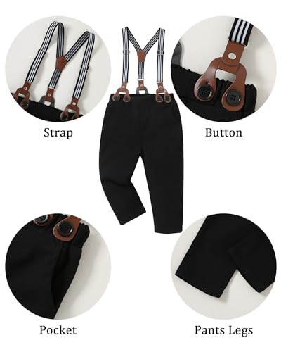 Image of YALLET Toddler Baby Boy Clothes Suit Gentleman Wedding Outfits, Formal Dress Shirt+Bowtie+Vest+Boutonniere+Suspender Pants
