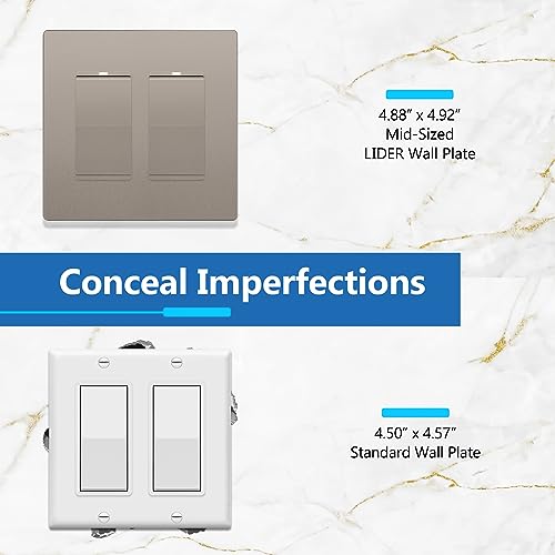 Image of LIDER Decorator Switch Cover, Screwless Wall Plate, Mid-Size 2-Gang 4.88 inch x 4.92 inch, LSWP-32M-NK, UL Listed, Thermoplastic, Matte Nickel, 1-Pack