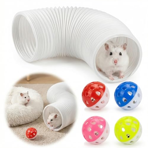 Hamster Collapsible Tunnel Tube Toys with 4 Bell Balls Expandable Small Animal Hideout Exercise Toy 7.8inch Unextended 32.7inch Extended for Guinea Pig Gerbil Rat Ferret (White)