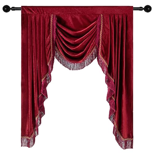 apott Red Valance for Windows Waterfall Valance Curtains with Tassels Velvet Luxurious Pelmet Swag Window Treatment Drapes for Living Room Bedroom H49xW41 Inch