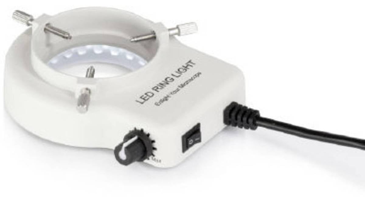 Illuminazione ad anello [Kern OBB-A6102] per la massima flessibilità nella croscopia stereo, intensità luminosa: 4,5 W, temperatura colore: circa 7600 K, dimmerabile, diametro interno: 63 mm.