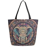 Fashion Extra Large Shoulder Tote Bag, Ethnic Mandala Boho Elephant Canvas Durable Daily Weekender Handle Bag Ideal for Gym Picnic Yoga Beach Travel Kitchen Market Grocery Shopping