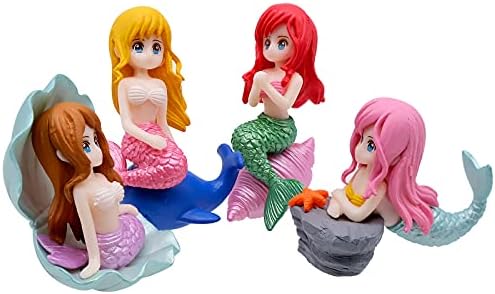 Mermaid Cake Toppers, 4pcs Mini Mermaid Figurines Miniature Mermaid Ornaments Garden Micro Landscape Accessories for Home Fish Tank Arts Crafts and Mermaid Theme Party Decoration