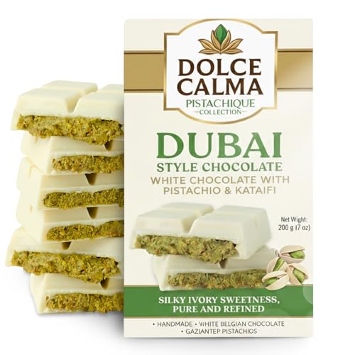 Dolce Calma Dubai Chocolate Bar White (200g / 7oz) – Viral Authentic Handmade Belgian Chocolate with Turkish Pistachio & Crispy Kataifi, Premium Quality, Luxury Cream Kunafa Filling, No Palm Oil