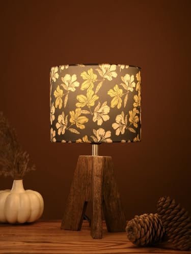 Image of Green Girgit Decorative Tri-Leg Stand Wooden Table Lamp with Black Floral Multicolor Shade Bedside & Reading Night Lamp for Bedroom, Living Room & Home Decor | Warm Ambient Light