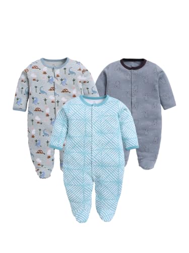 Image of BABY GO Baby Sleepsuit Pack of 3 | 100% Cotton Full Sleeve Footed Romper for Newborn Baby Boys & Girls | Front Open Snap Button Onesie Jumpsuit | Soft Breathable Nightwear
