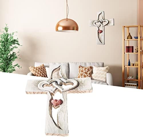 Uxsiya Wooden Cross, Hand Carved Wood Cross Fade Resistant Red Love Cross Wall Hanging Decoration for Living Room Bedroom Office
