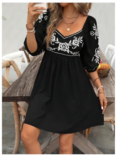 Floerns Women's Embroidery Floral Bishop Sleeve Sweetheart Neck Boho A Line Dress4