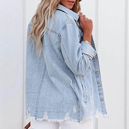 Women Casual Oversized Denim Jacket Long Sleeve Single Breasted Drop Shoulder Ripped Hem Trucker Denim Jacket (Blue, M) #TOP2