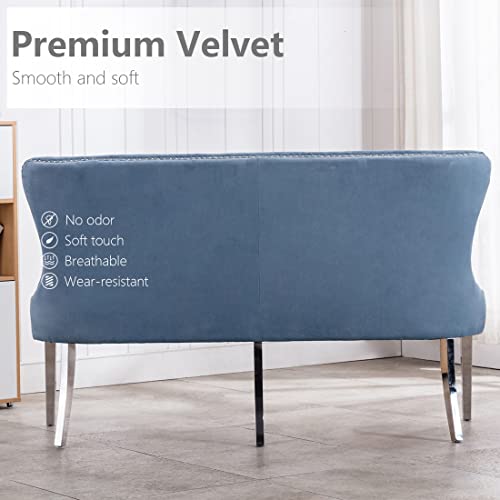 Udax Velvet Bench With Back, Upholstered Armless Couch Settee With Button Tufted Backrest Nailhead Around, Light Blue #TOP3